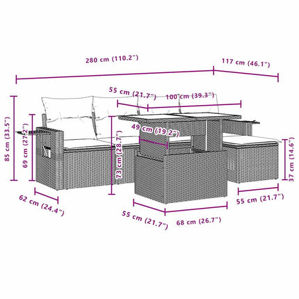 havesofasæt med 6 dele og hynder grå polyrattan