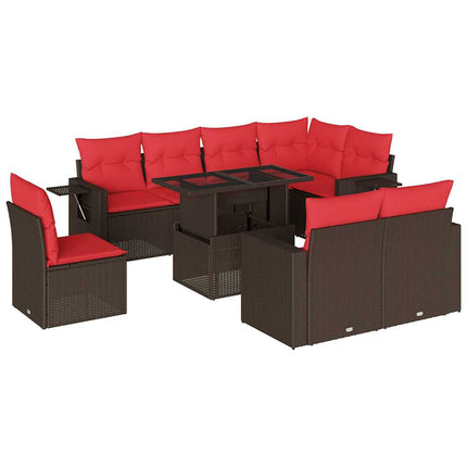 havesofasæt med 9 dele og hynder brun polyrattan