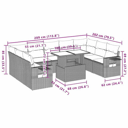 havesofasæt med 10 hynder brun polyrattan