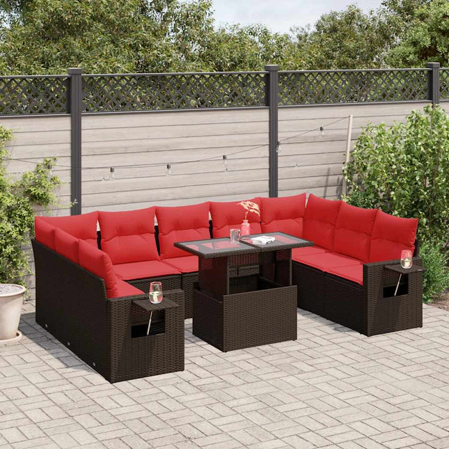 havesofasæt med 10 hynder brun polyrattan