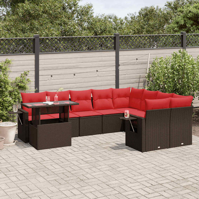 havesofasæt med 10 hynder brun polyrattan