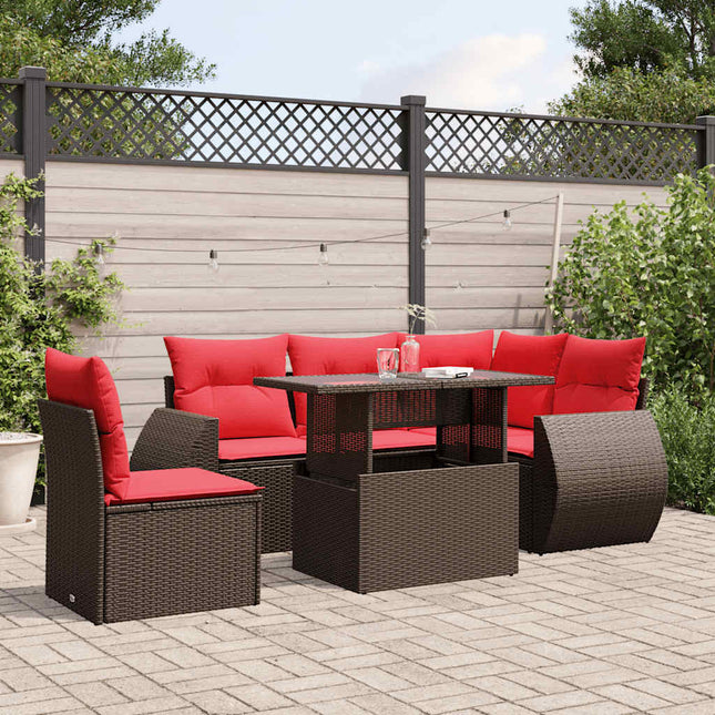 havesofasæt med 6 hynder brun polyrattan