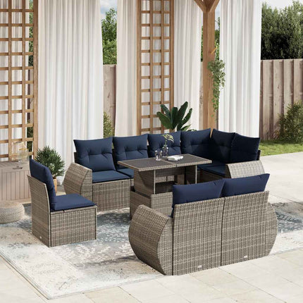 havesofasæt med 9 dele og hynder grå polyrattan