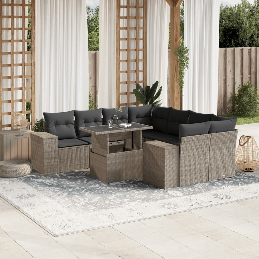 sofasæt til haven 9 dele med hynder polyrattan lysegrå