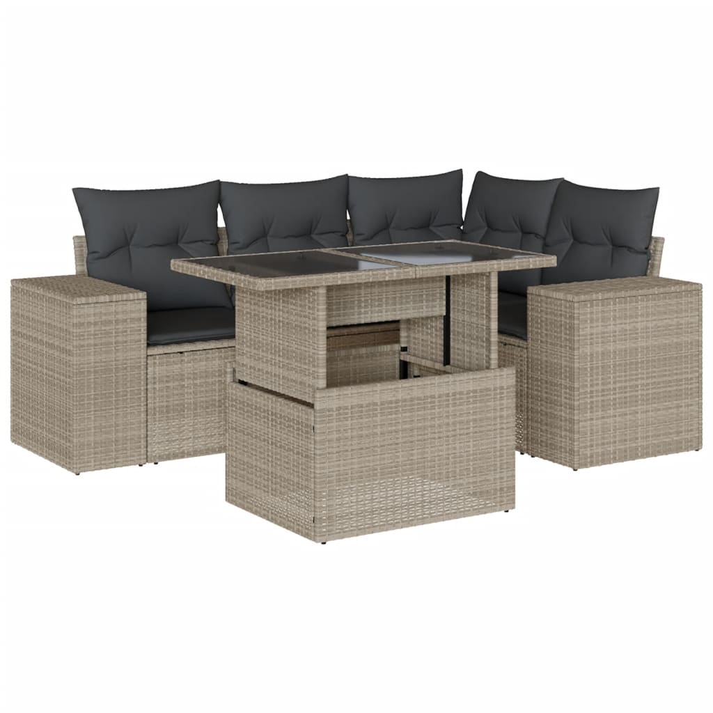 sofasæt 5 dele med hynder polyrattan lysegrå
