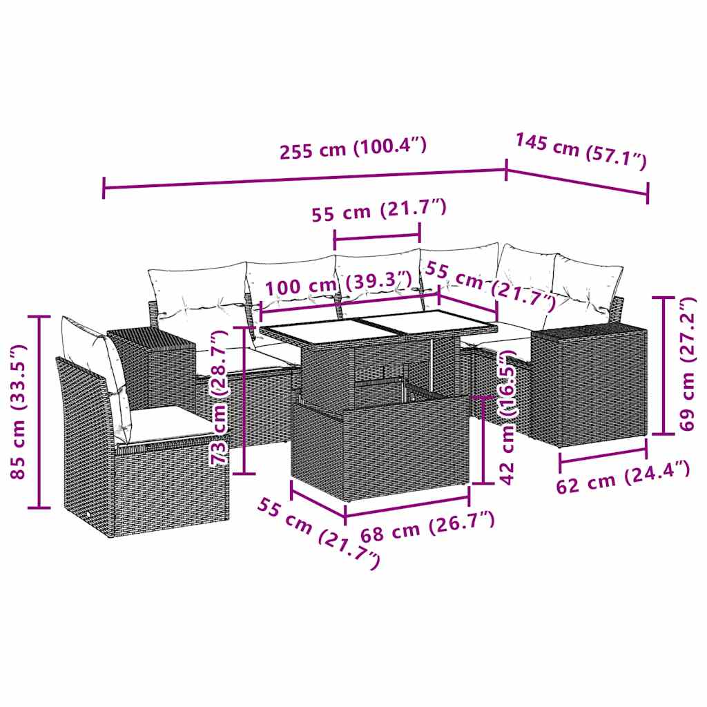 sofasæt til haven 7 dele med hynder polyrattan sort