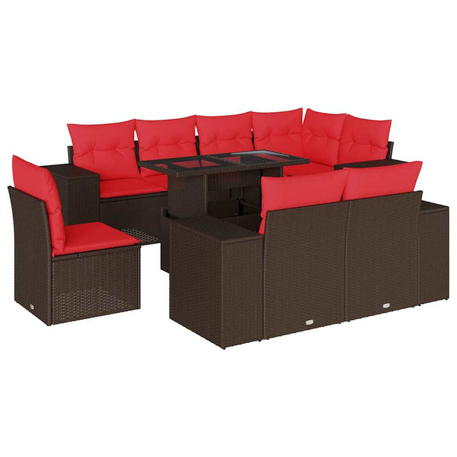 havesofasæt med 9 dele og hynder brun polyrattan
