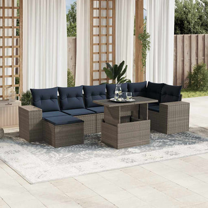 havesofasæt med 8 hynder grå polyrattan