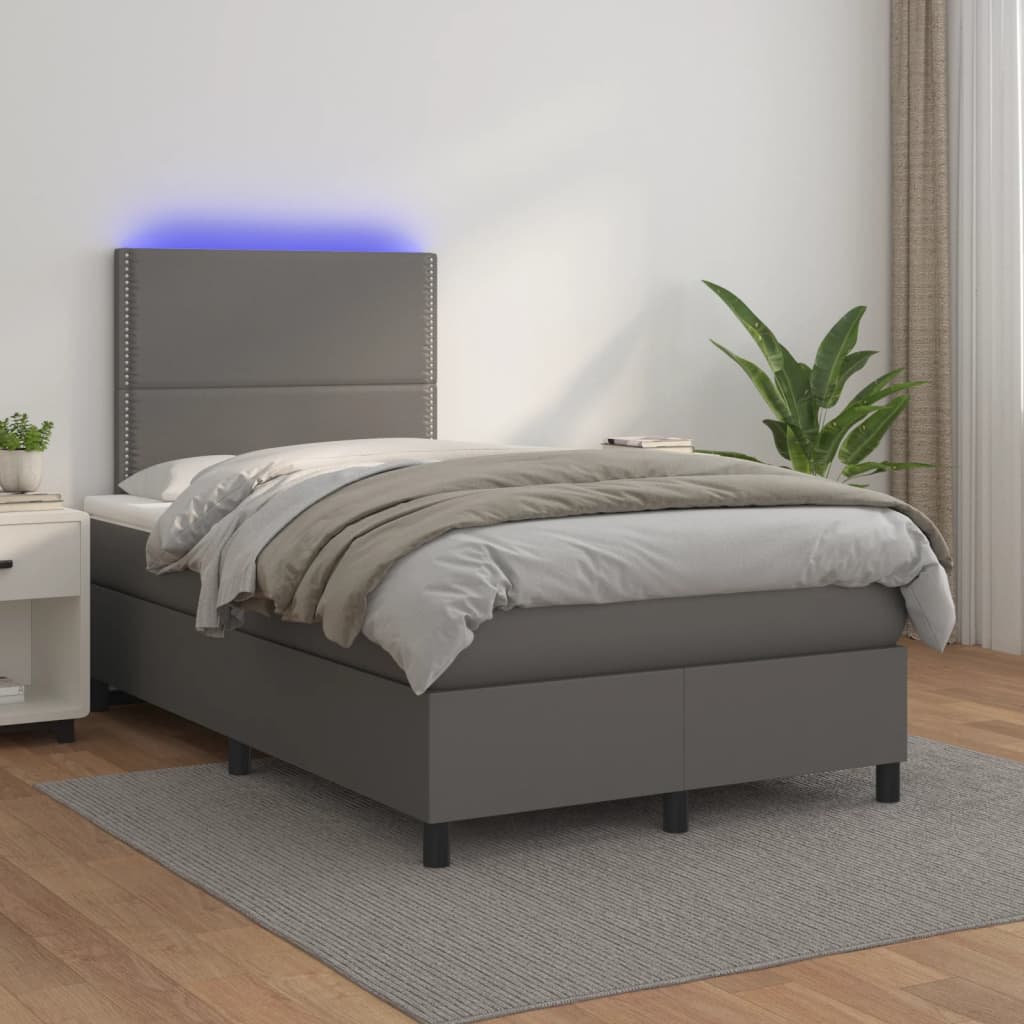 kontinentalseng med madras og LED-lys 120x190 cm kunstlæder grå