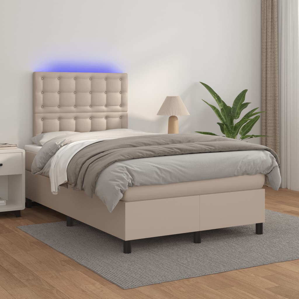 kontinentalseng LED-lys 120x190 cm kunstlæder cappuccinofarvet