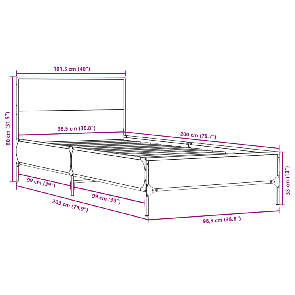 sengeramme 100x200 cm konstrueret træ og metal brunt egetræ
