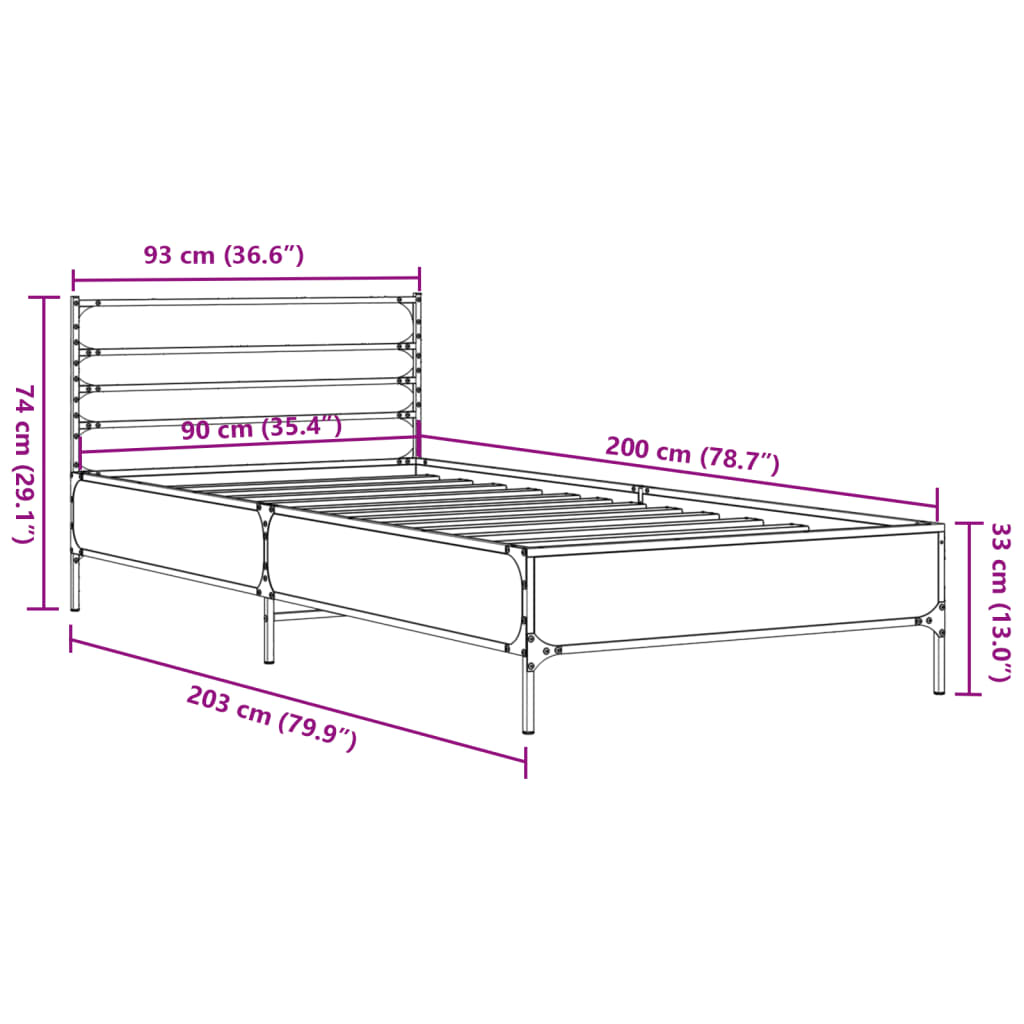 sengeramme 90x200 cm konstrueret træ og metal grå sonoma-eg