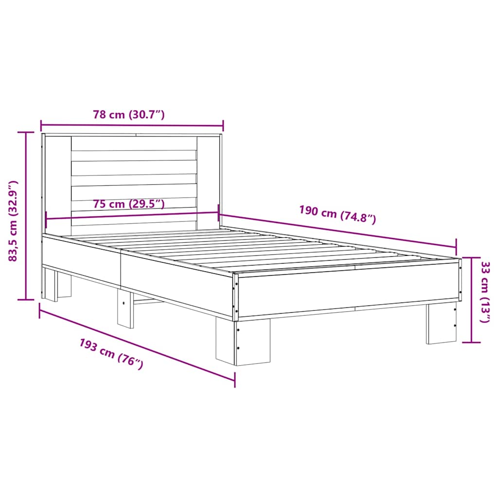 sengeramme 75x190 cm konstrueret træ og metal sonoma-eg