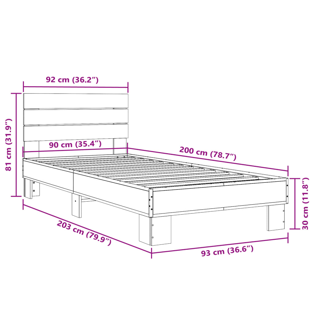 sengeramme 90x200 cm konstrueret træ og metal sonoma-eg