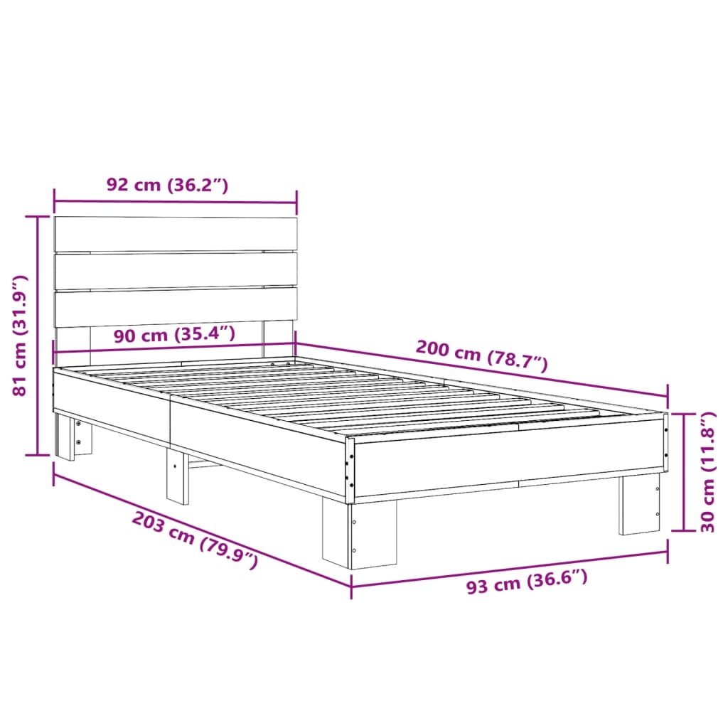 sengeramme 90x200 cm konstrueret træ og metal røget eg