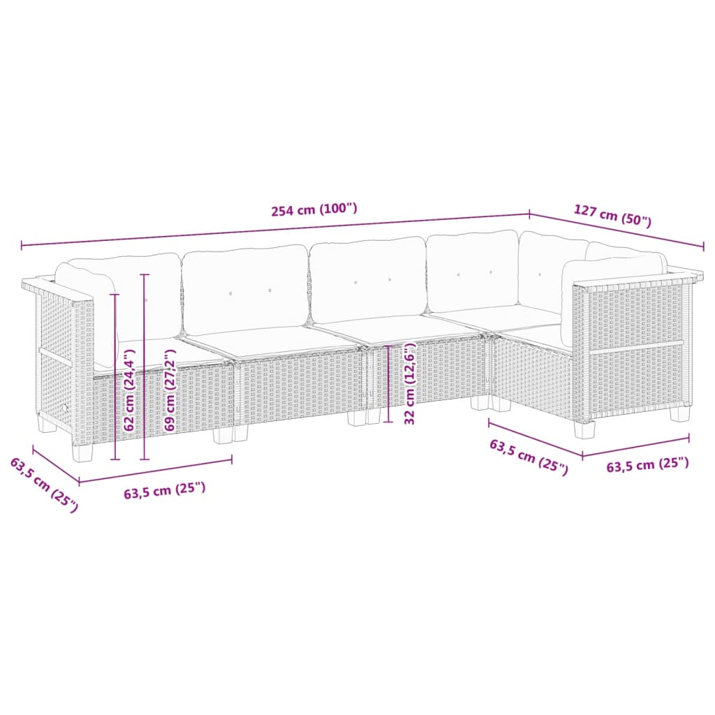 sofasæt til haven 5 dele med hynder polyrattan sort