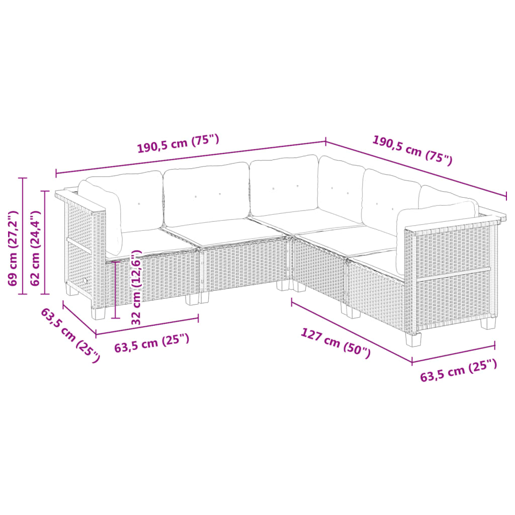 sofasæt til haven 5 dele med hynder polyrattan sort