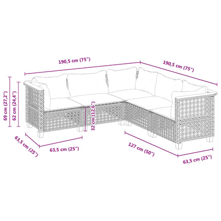 sofasæt 5 dele med hynder polyrattan grå