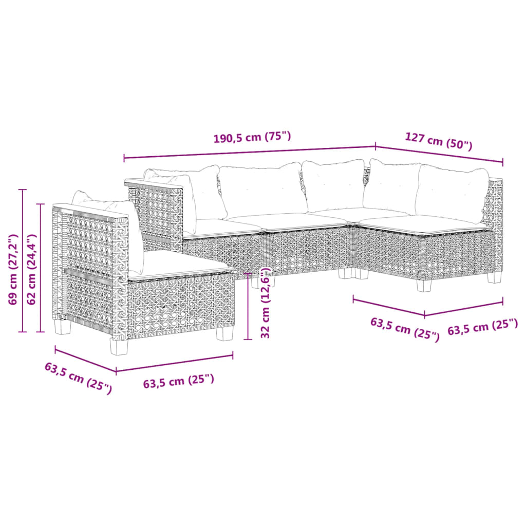 sofasæt til haven 5 dele med hynder polyrattan sort
