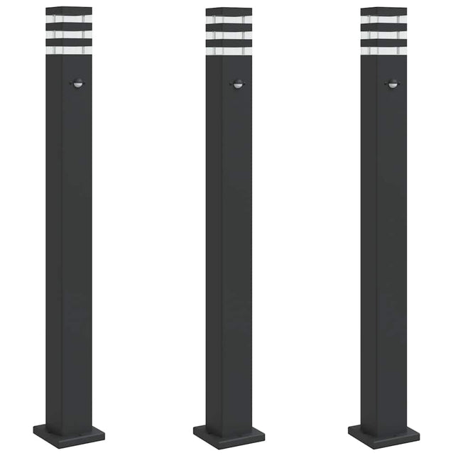 udendørs standerlamper 3 stk. med sensor 110 cm aluminium sort