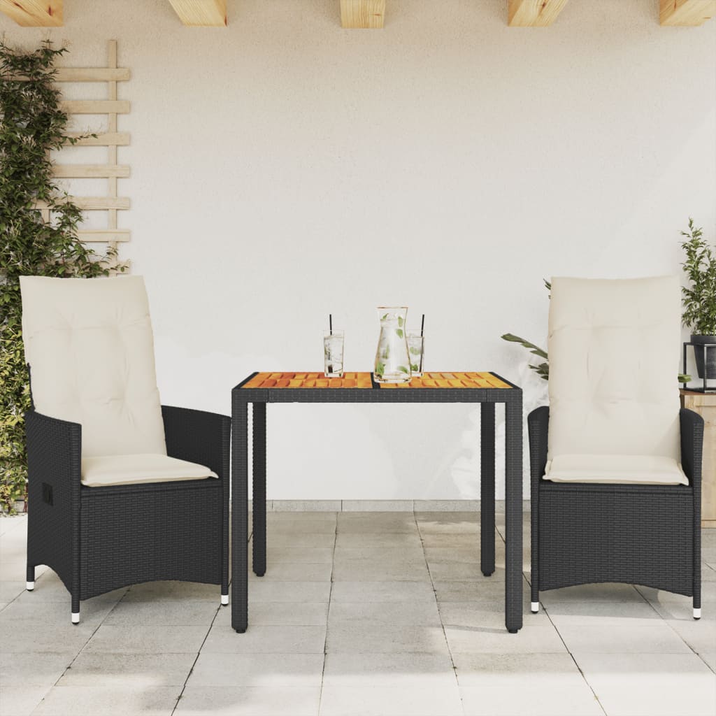 bistrost 3 dele med hynder polyrattan og akacietr sort