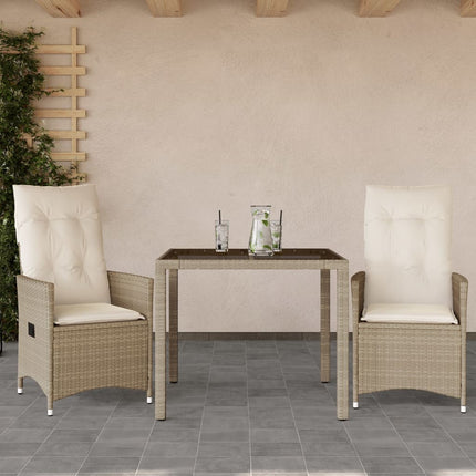bistrosæt til haven 3 dele med hynder polyrattan beige