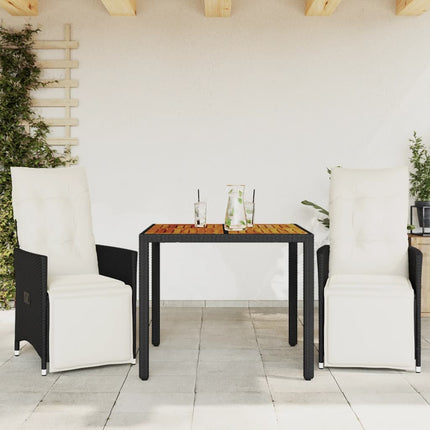 bistrosæt til haven 3 dele med hynder polyrattan sort