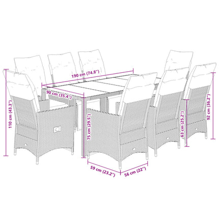 bistrosæt til haven 9 dele med hynder polyrattan beige