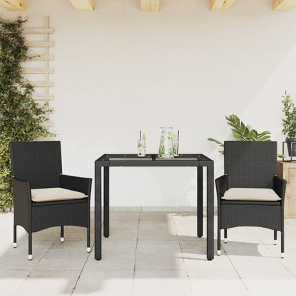 spisebordssæt til haven 3dele m. hynder polyrattan og glas sort
