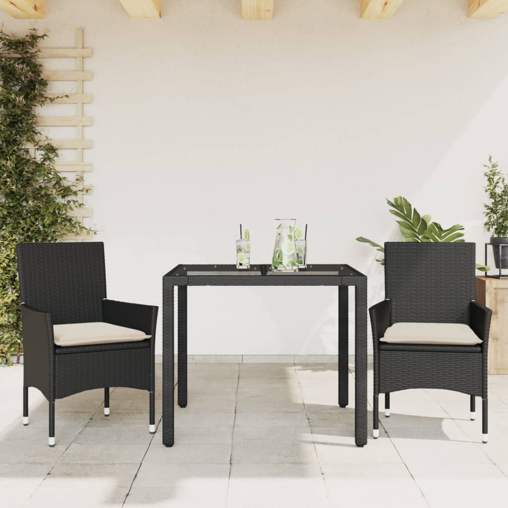 spisebordssæt til haven 3dele m. hynder polyrattan og glas sort