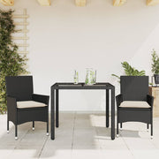 spisebordssæt til haven 3dele m. hynder polyrattan og glas sort
