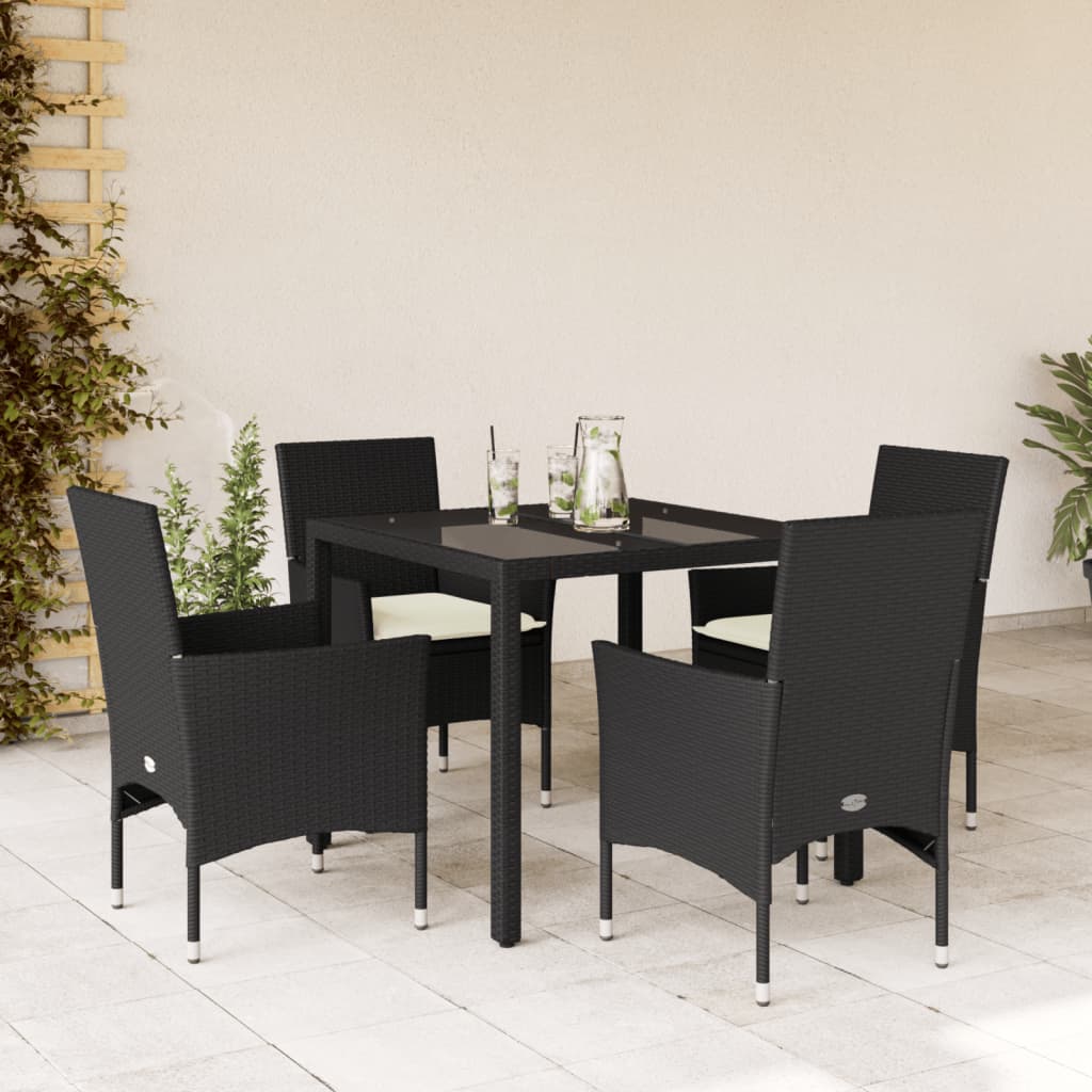 spisebordssæt til haven 5dele m. hynder polyrattan og glas sort