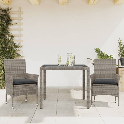 spisebordssæt til haven 3dele med hynder polyrattan og glas grå