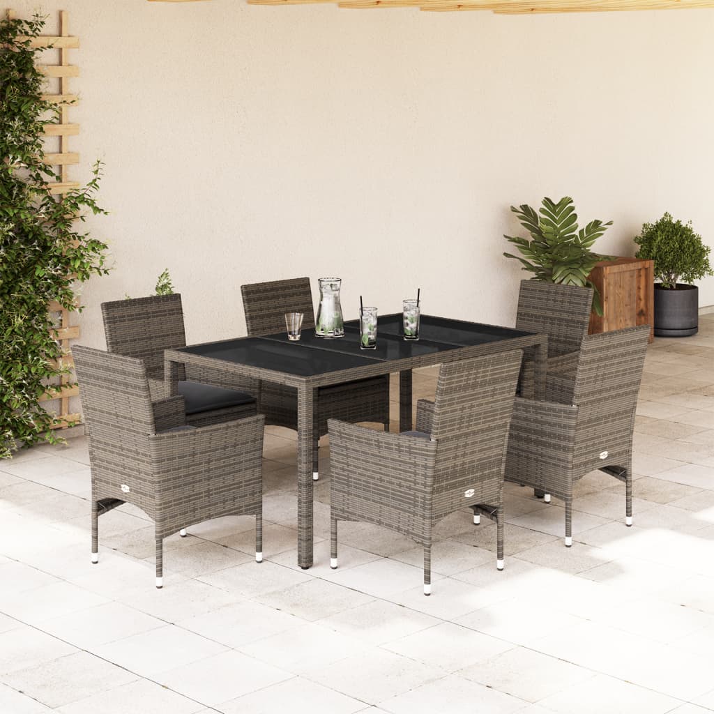 spisebordssæt til haven 7dele med hynder polyrattan og glas grå