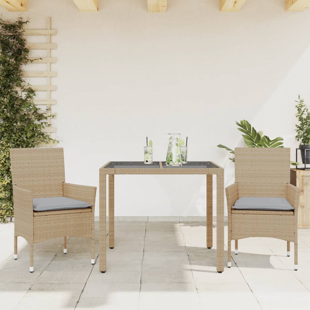 spisebordssæt til haven 3 dele med hynder polyrattan og glas