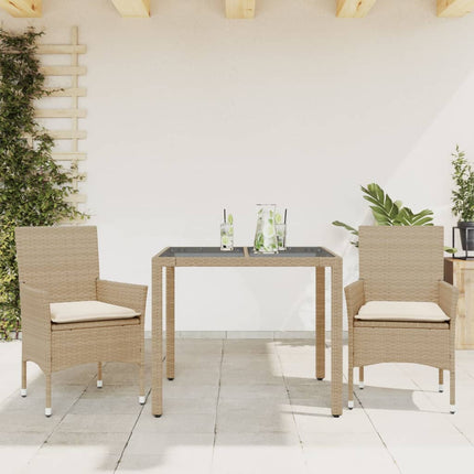 spisebordssæt til haven 3 dele med hynder polyrattan og glas