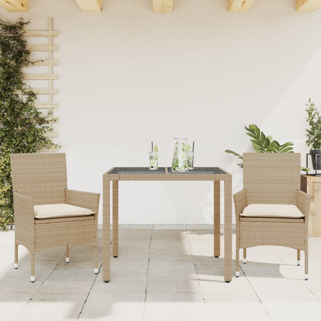 spisebordssæt til haven 3 dele med hynder polyrattan og glas