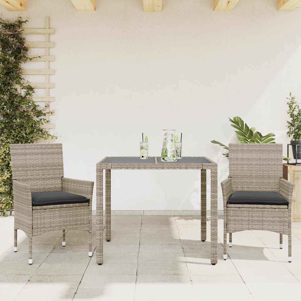 spisebordssæt til haven 3 dele med hynder polyrattan og glas
