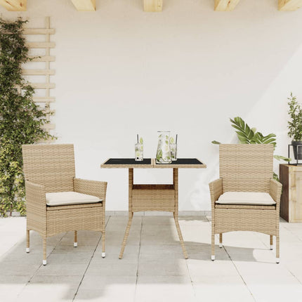 spisebordssæt til haven 3 dele med hynder polyrattan og glas