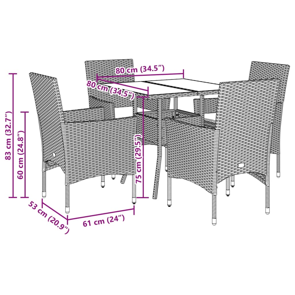 spisebordssæt til haven 5 dele med hynder polyrattan og glas