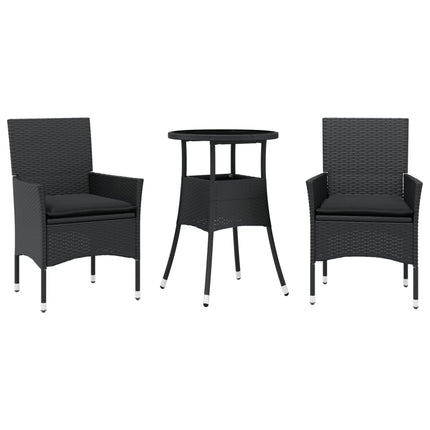spisebordssæt til haven 3dele m. hynder polyrattan og glas sort