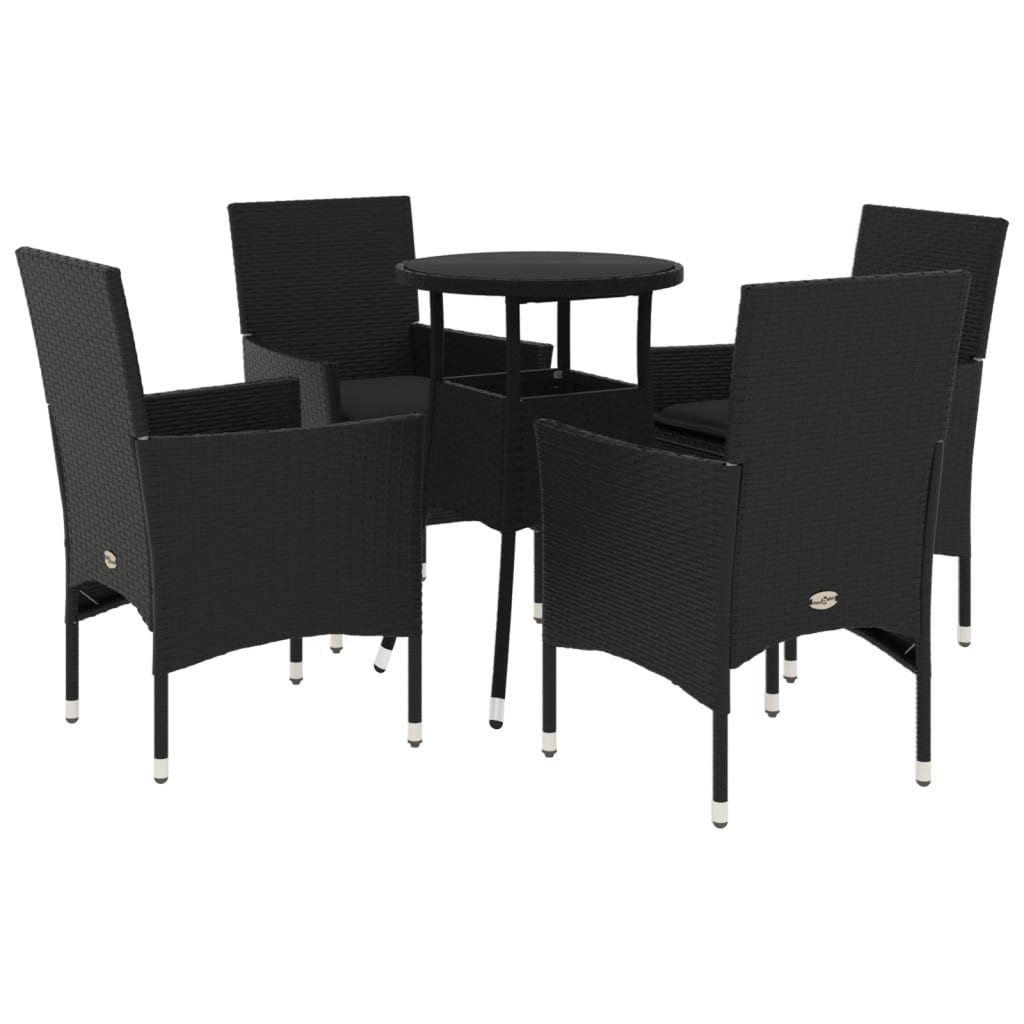 spisebordssæt til haven 5dele m. hynder polyrattan og glas sort