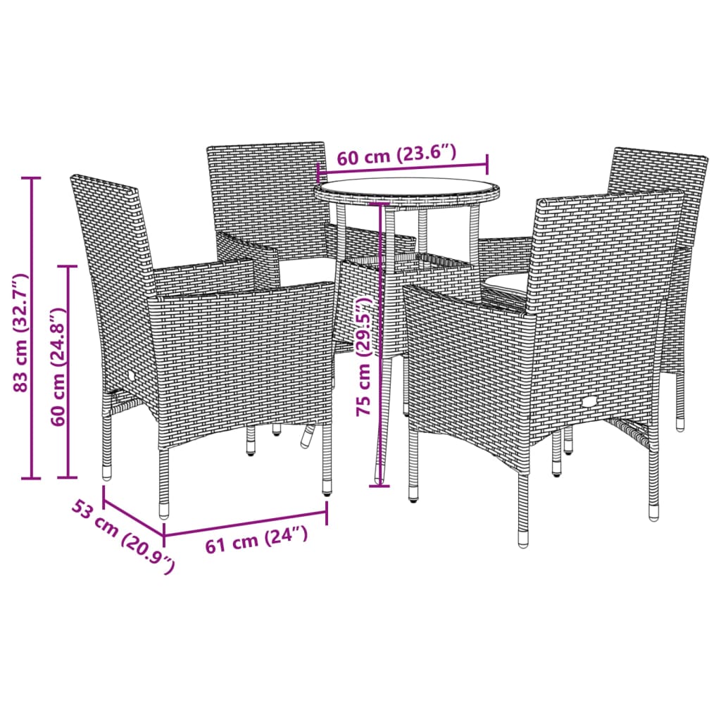 spisebordssæt til haven 5dele m. hynder polyrattan og glas sort