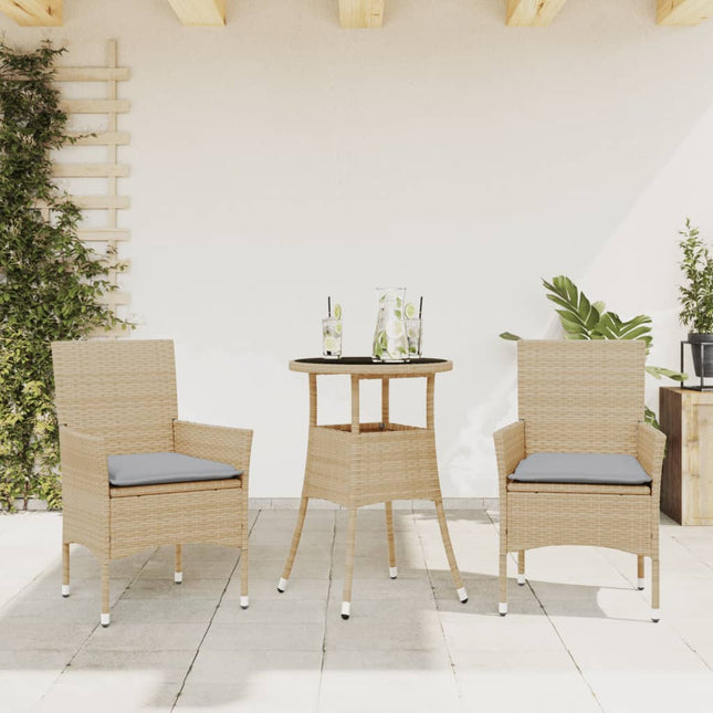 spisebordssæt til haven 3 dele med hynder polyrattan og glas
