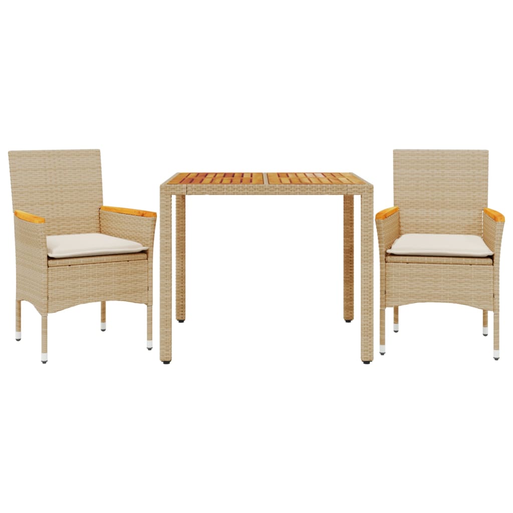 spisebordssæt til haven 3dele m. hynder polyrattan akacie beige