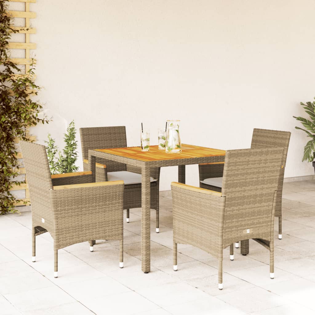 spisebordssæt til haven 5dele m. hynder polyrattan akacie beige