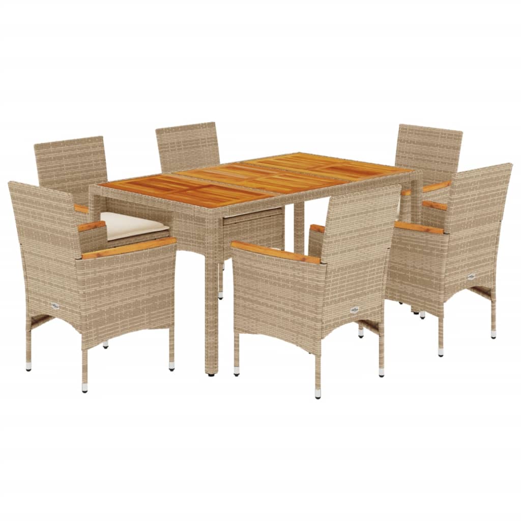 spisebordssæt til haven 7dele m. hynder polyrattan akacie beige