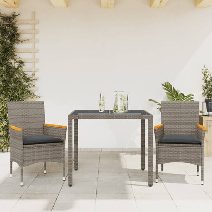 spisebordssæt til haven 3dele med hynder polyrattan og glas grå