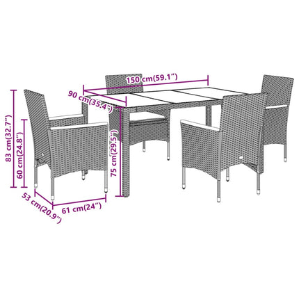 spisebordssæt til haven 5 dele med hynder polyrattan og glas