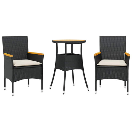 spisebordssæt til haven 3dele m. hynder polyrattan og glas sort